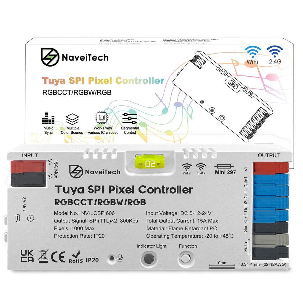 Naveitech Tuya Smart WiFi SPI Pixel Controller | DC 5V-24V 15A 1000 Pixels Addressable LED Strip Controller with Music Sync & App Control