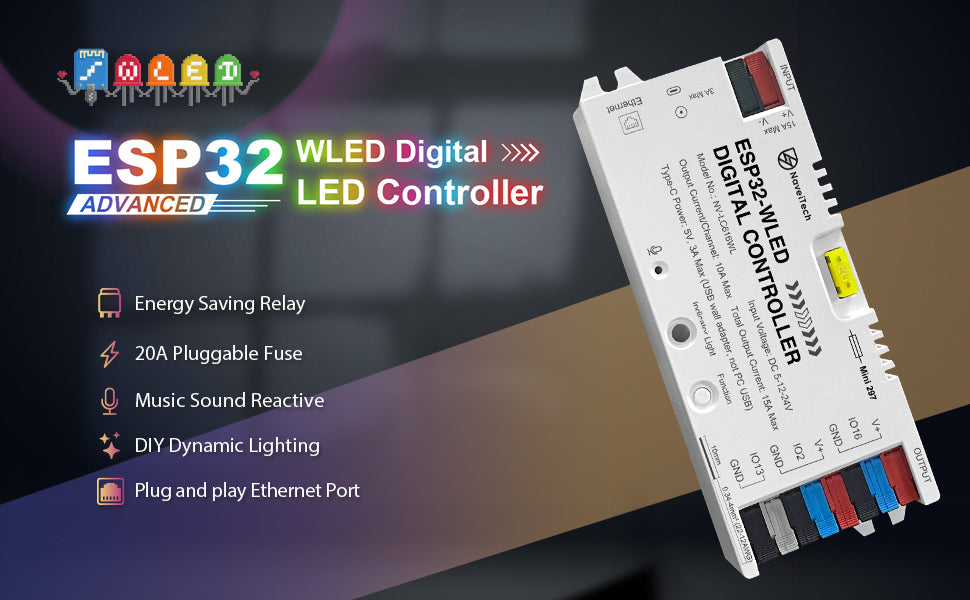 Naveitech ESP32 WLED Digital LED Controller | DC 5V-24V Smart WiFi & Ethernet Addressable Light Strip Controller with Music Sync