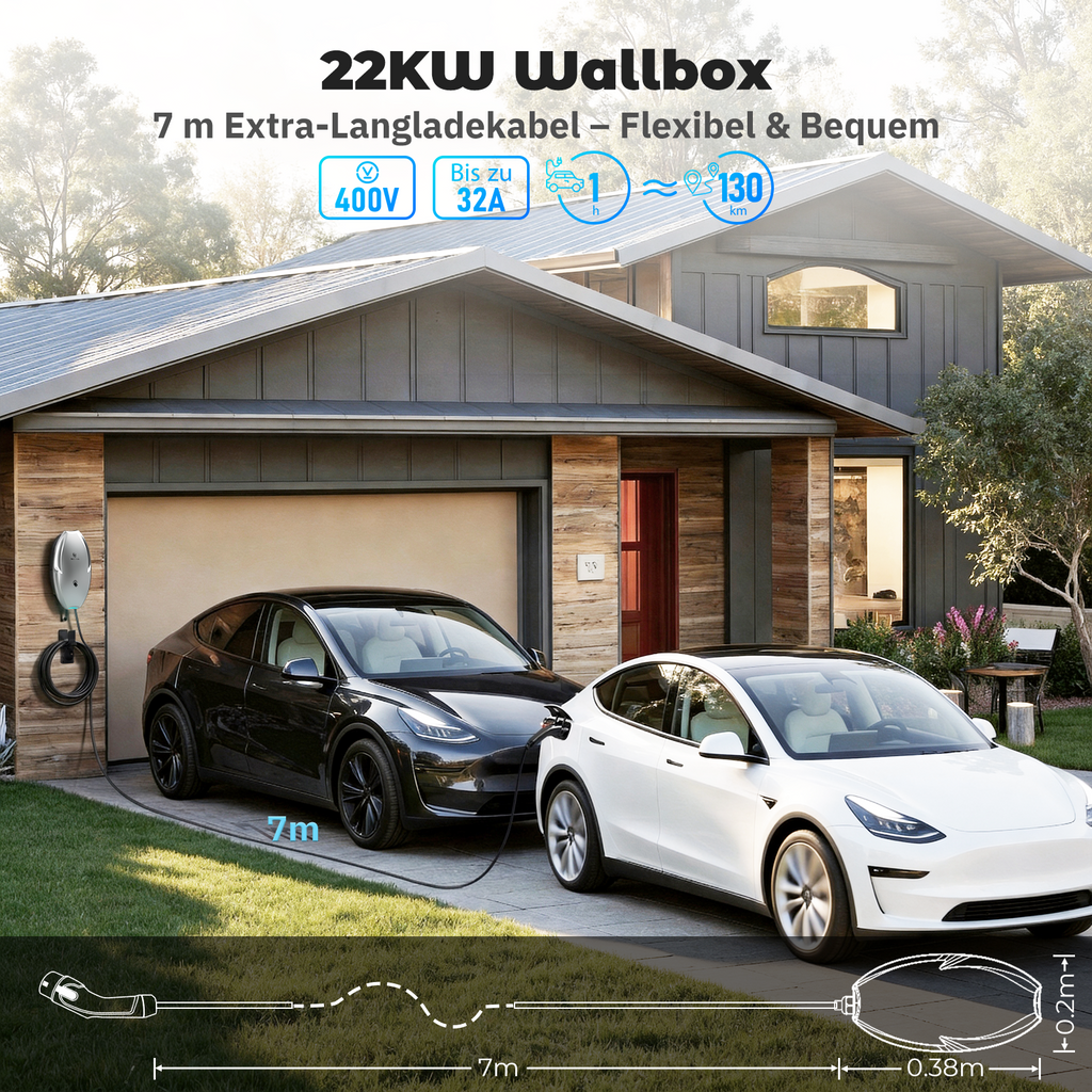 Naveitech 22kW EV Home Charging Box | 380V 32A 3-Phase Type 2 Smart Wallbox Charger with Tuya WiFi, App & RFID Control (IP65)